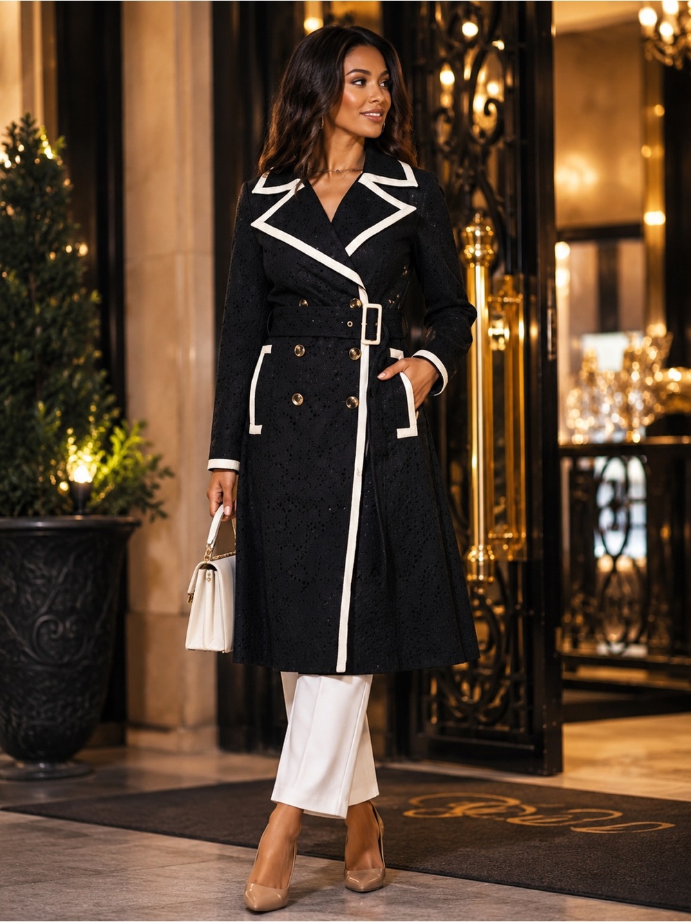 3XP Kathy Ireland Black And White Eyelet Trench Coat With Soft Faux Leather Trim